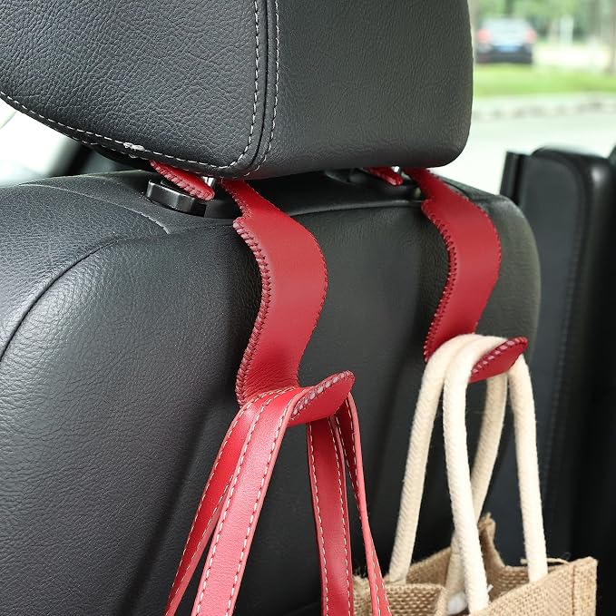 Car Seat Headrest Hook Universal Vehicle Storage Hanger Leather with Metal Car Seat Back Organizer for Handbag Purse Coat Wine 4 Pack