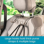 Car Hooks for Purses and Bags with Leather Trim - Unbreakable Headrest Car Hooks for Large Purse Straps and Heavy Bags up to 40 lbs - Secure Attachment Loops Fit All Headrest Posts, 2-Pack