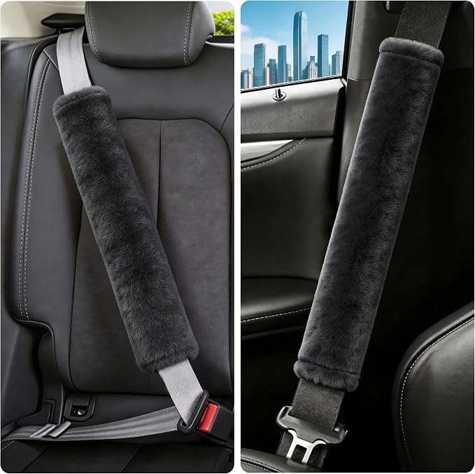 Soft Faux Fur Universal Fit Seatbelt Cover Car Truck SUV Airplane Seat Belt Shoulder Pad for Carmera Backpack Straps Neck Cushion Protector Extra Long 19.7in Dark Gray