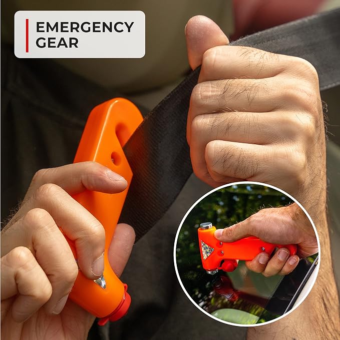 Car Emergency Kit & Roadside Emergency Car Kit - 104-Piece Set, Red Canvas Bag, Universal Fit - Jumper Cables, Escape Hammer & Tire Gauge - Road Trip Essentials & Emergency Supplies