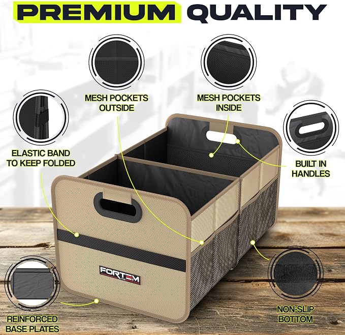 Car Trunk Organizer, Collapsible Two Compartment Organizer, Foldable SUV & Truck Storage for Car Accessories for Women Men, Non Slip Bottom, Sturdy Side Walls, Strong Handles, 45L