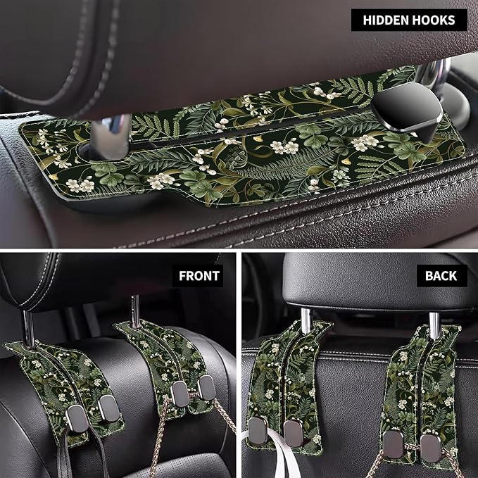 Purse Hook for Car White Flowers Berries and Leaves 1 Pack Headrest Back Seat Hook Premium Leather Double Metal Hanger Storage Pack Bag Purse Holder Car Accessories