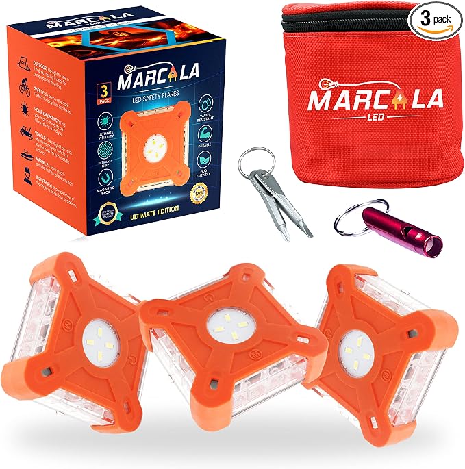 Emergency Lights for Vehicles 3-Pack | LED Road Flares | Flares Emergency Road | LED Emergency Flares Include Batteries, Case, Whistle and are Stronger, Brighter & Better than round LED Flares
