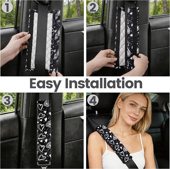 Soft Auto Seat Belt Cover Seatbelt Cushions Shoulder Pad 2 PCS for a More Comfortable Driving Compatible with All Cars and Backpack Cute Black Heart