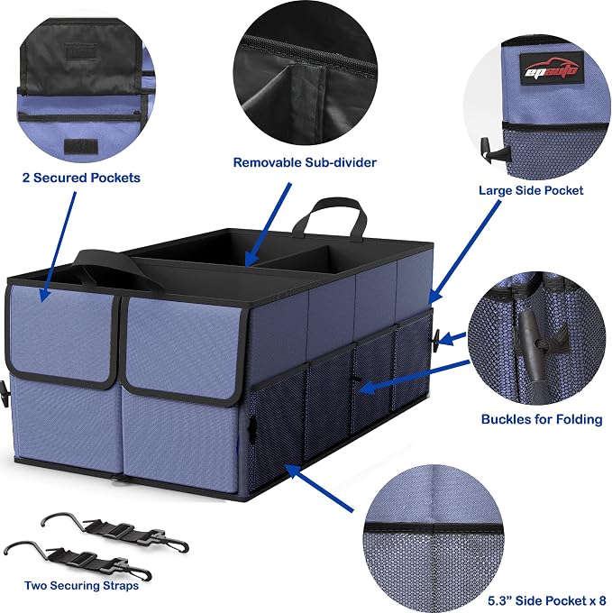 Foldable Car Trunk Organizer for SUV, 3-Compartment, Blue | with Removable Divider, Side Pockets and Securing Straps