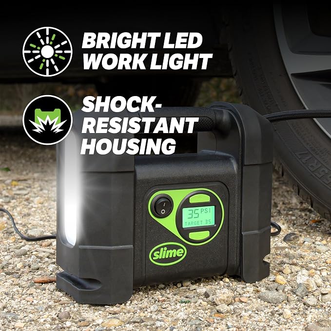40047 Tire Inflator, Portable Car Air Compressor, Rugged, Inflate Right automatic shut off, with Digital 99 psi Display, Long Hose and LED Light, 12V, 4 min inflation