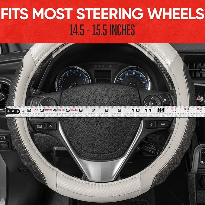 UltraSport White Carbon Fiber Steering Wheel Cover, Standard 15 inch Size, Black Faux Leather Comfort Grip, Car Steering Wheel Cover for Auto Truck Van SUV