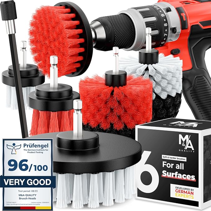 Drill Brush Attachments for Cleaning [Set of 6] Universally Cleans Cars, Rims, Upholstery, Tiles, and More I Brush Drill Attachment for Cleaning I Drill Brush for Car Detailing (Red)