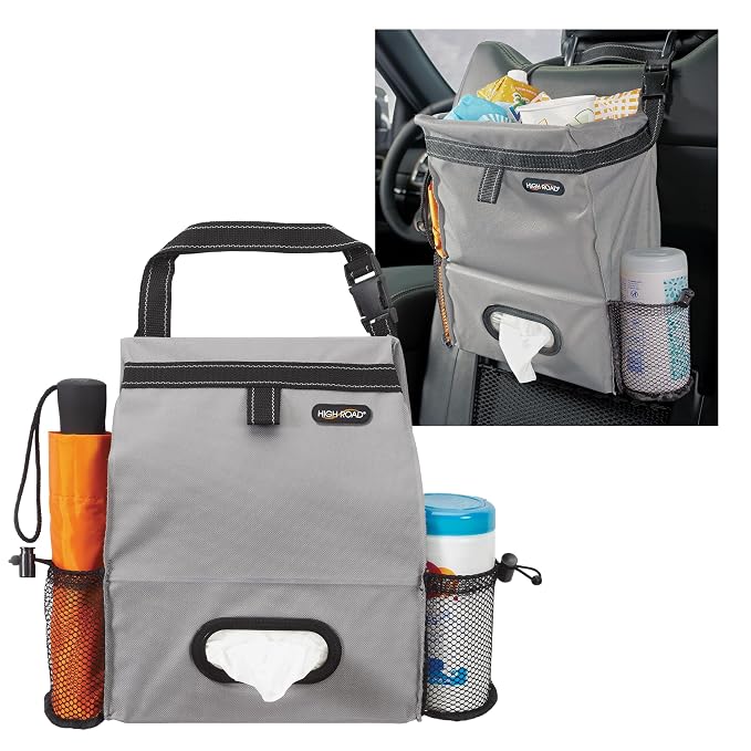 Car Organizer with Car Trash Bin and Tissue Holder - Holds Full Size Tissue Box, Bottles and Wipe Containers - 2 Gal Leakproof Covered Trash Can with Push-Close Lid