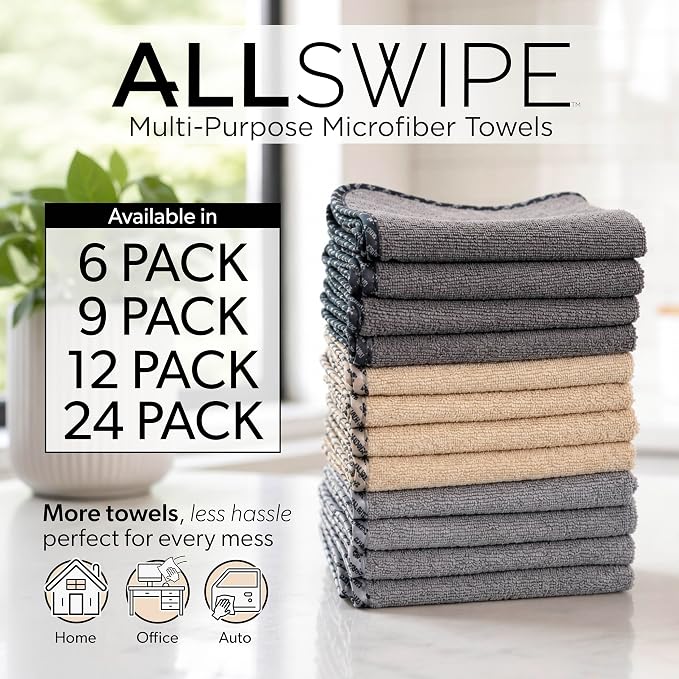 AllSwipe Multi-Purpose Microfiber Towels, Car Interior, Home and Garage, Scratch-Free, Lint-Free Short-Pile Microfiber, Multi-Color, 14 in x 12 in - 9 Pack