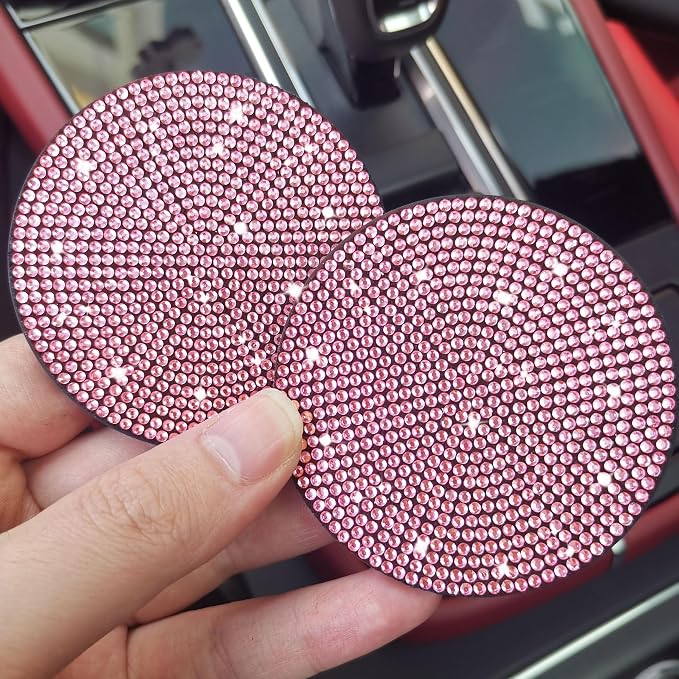 2pcs Bling Car Cup Holder Coaster, 2.75 inch Anti-Slip Shockproof Universal Fashion Car Coasters Insert Bling Crystal Rhinestone Automotive Interior Accessories for Women (2 pcs, Pink)