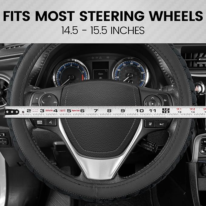 GripTech Plush Fuzzy Steering Wheel Cover for Car Truck Van SUV, Standard 15 inch Size, Soft Black Fluffy Exterior, Comfortable Ergonomic Car Steering Wheel Cover
