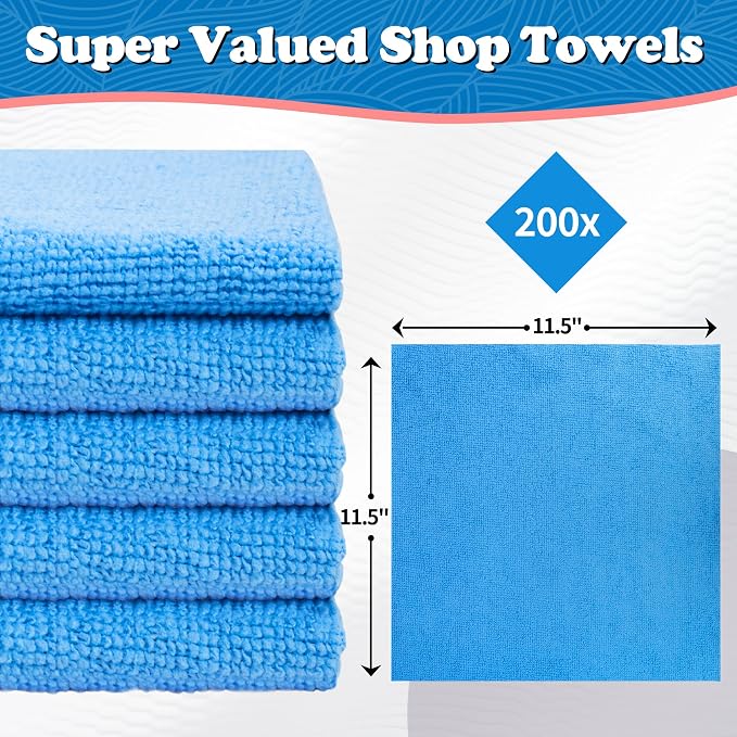 Shop Towels, Microfiber Cleaning Cloth Bulk, 200 Pack Microfiber Towels for Cars, All-Purpose Absorbent Cleaning Rags, Dust Cloth for Automotive, Mechanic, Garage, Bar, 11.5 x 11.5 inch