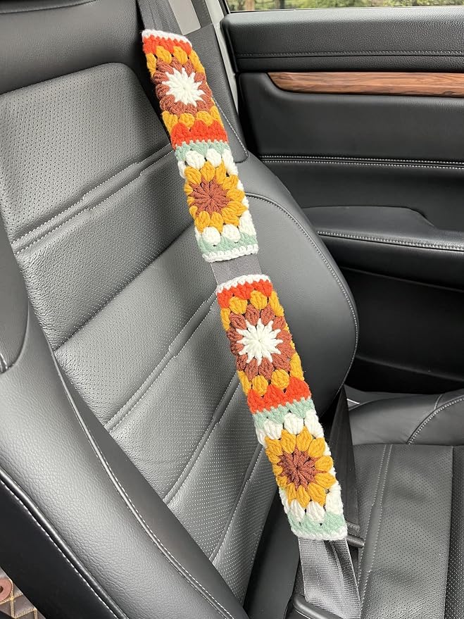 Steering Wheel Cover,Handmade Crochet Rainbow Sunflower Granny Square Steering Wheel Covers (Steering Wheel Cover+2 Belt Cover)