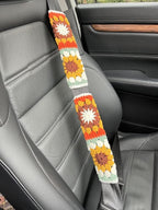 Steering Wheel Cover,Handmade Crochet Rainbow Sunflower Granny Square Steering Wheel Covers (Steering Wheel Cover+2 Belt Cover)