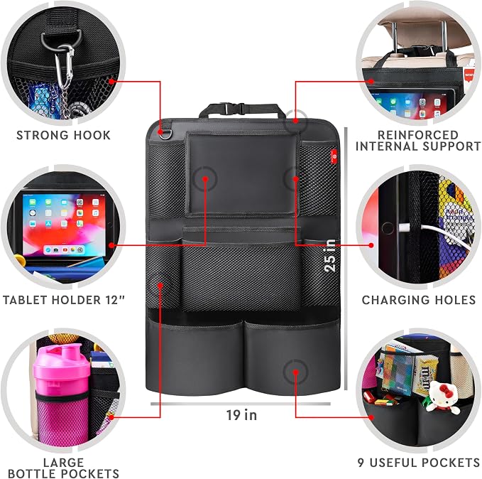 Backseat Car Organizer, Kick Mats Back Seat Protector with Touch Screen Tablet Holder, Back Seat Organizer for Kids with 9 Storage Pockets, Travel Accessories (2 Pack, Beige)