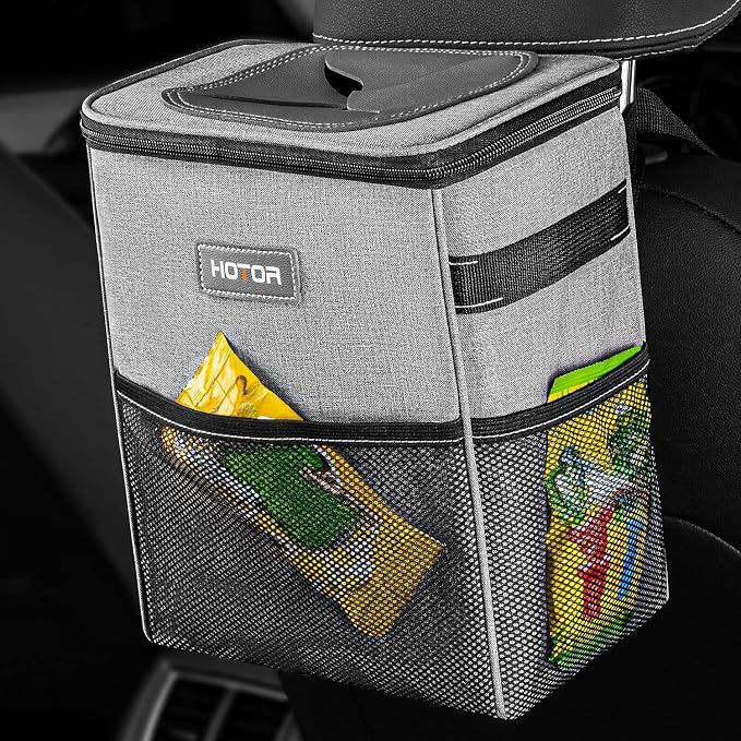 Car Trash Can - Multifunctional Car Accessory for Interior Stuff with Compact Design, Waterproof Organizer and Storage with Adjustable Straps, Magnetic Snaps (Light Gray)