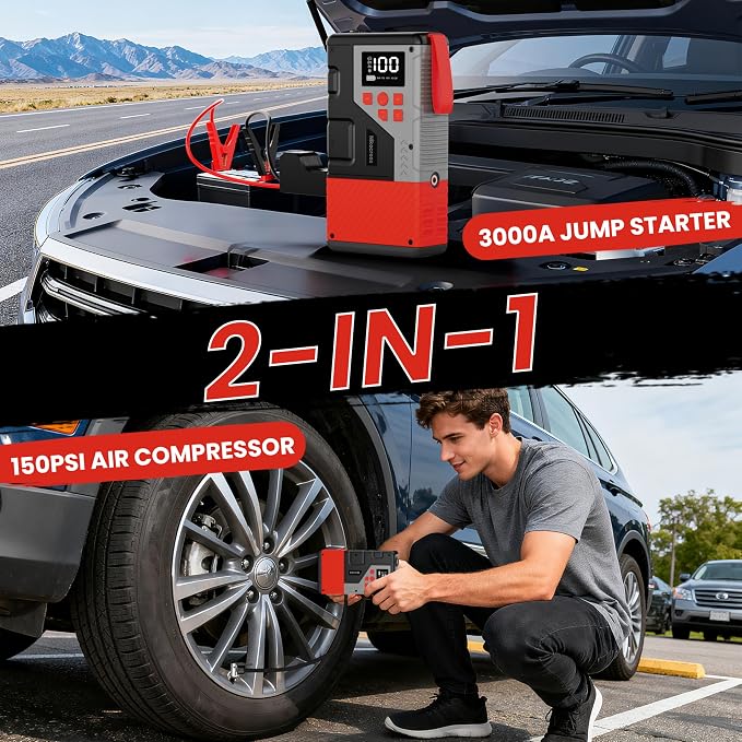 Portable Car Jump Starter with Air Compressor for Emergencies, | 3000A Peak and 150 PSI Max,for 12L Gas & 10L Diesel Engines,LCD Display,LED Light
