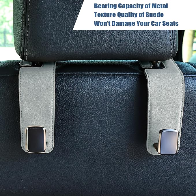 Car Seat Back Hook Universal Auto Storage Hanger Suede with Metal Car Seat Organizer for Handbag Purse Coat Umbrellas Grocery Bags 2 Pack Light Gray