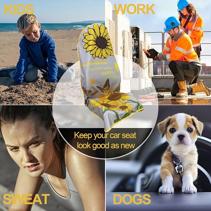 Waterproof Car Seat Cover for Front Seats, Protector for Cars SUVs Trucks, Sweat Towel Seat Covers Bucket for Gym,Workout,Beach,Hiking,Running and Swimming (Sun Flower, 2PCS)