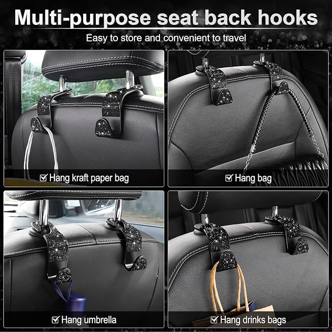 Car Seat Headrest Hook, Auto Seat Hook Hangers Storage Organizer Interior Accessories for Purse Coats Umbrellas Grocery Bags Handbag, 4-Pack(Bling Black)