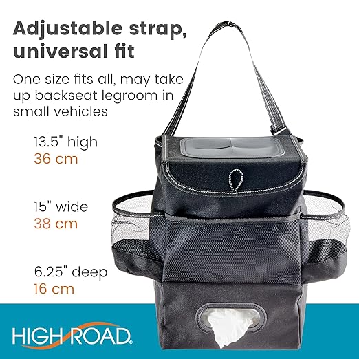 StashAway Car Trash Can with Tissue Holder - Car Organizer with Trash Can, Tissue Dispenser and 3 Storage Pockets for Bottles, Flasks, Wipes and Driving Essentials