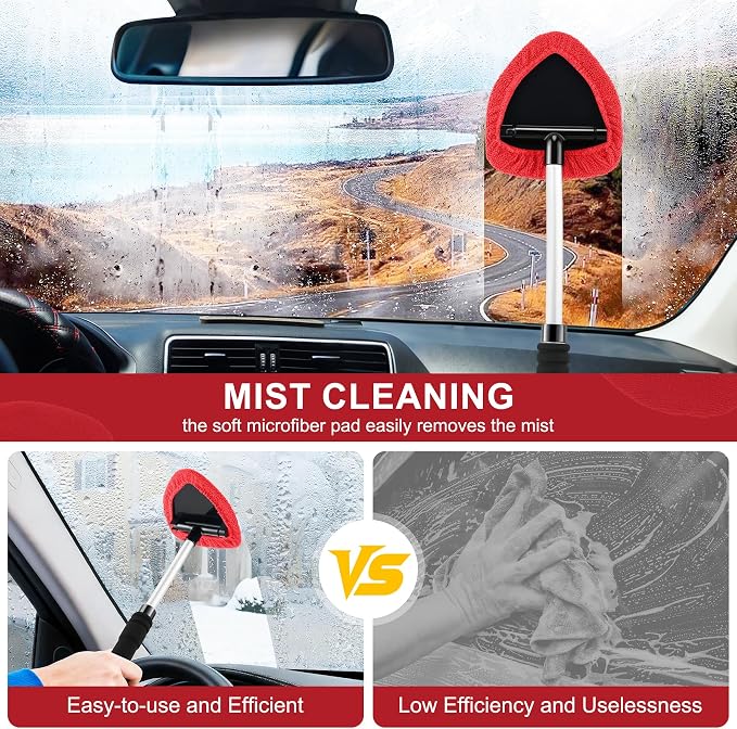 Windshield Cleaner Tool, Car Interior&Exterior Window Cleaning Tool with Extendable Handle & 4 Reusable Microfiber Pads, Auto Glass Wiper Brush Kit for Cars (Red)