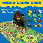 Carpet Playmat w/ 12 Cars Pull-Back Vehicle Set for Kids Age 3+, Jumbo Play Room Rug, City Pretending Play