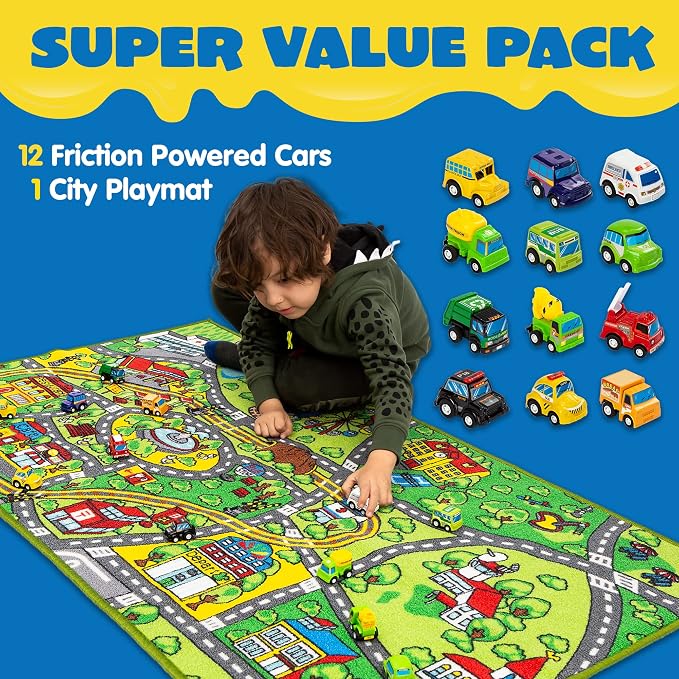 Carpet Playmat w/ 12 Cars Pull-Back Vehicle Set for Kids Age 3+, Jumbo Play Room Rug, City Pretending Play