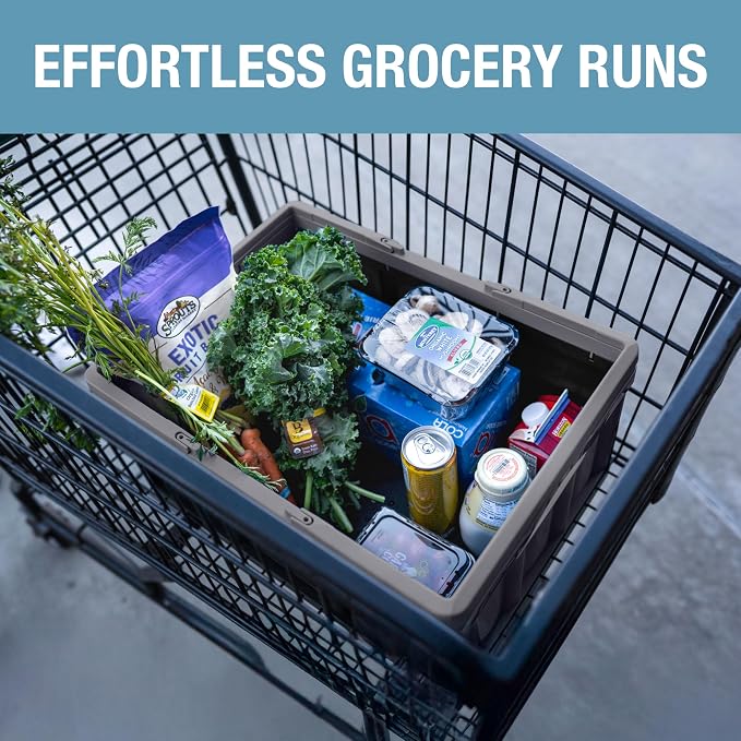 Collapsible Shopping Basket 32L – Folding Grocery Basket with Handles, Stackable Reusable Storage Crate with 35 lb Capacity, Recycled Plastic, Car Trunk Organizer - Stone Gray