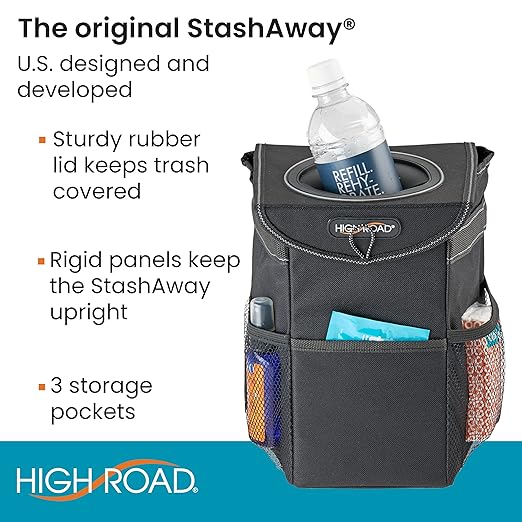 StashAway Heavy Duty Car Trash Can with Rubber Lid, 3 Storage Pockets and Sturdy Panels for Stable Floor or Hanging Seatback Use (Black)