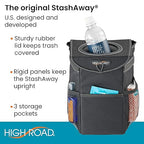 StashAway Heavy Duty Car Trash Can with Rubber Lid, 3 Storage Pockets and Sturdy Panels for Stable Floor or Hanging Seatback Use (Black)