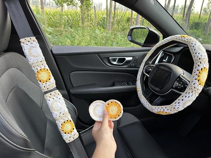 Handmade Crochet White Moon and Sun Car Steering Wheel Covers Universal 14-15 inch for Women and Men (Steer Wheel Cover+ 2 Belt Cover+2 Coaster)