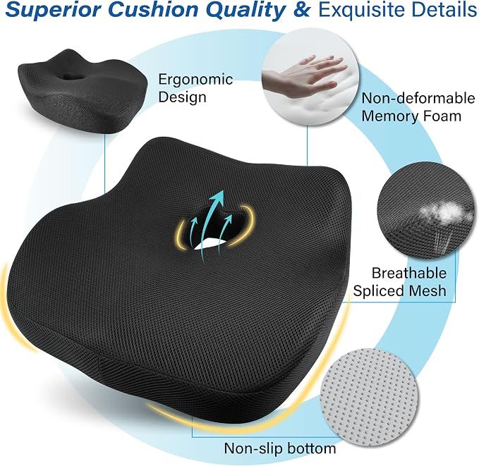 Car Seat Cushion for Driving, Car Seat Pillow for Short Drivers | Ergonomic Memory Foam Seat Cushion for Pain Relief, Adult Booster Seat for Car, Butt Cushion for Car, Truck, Office, Black