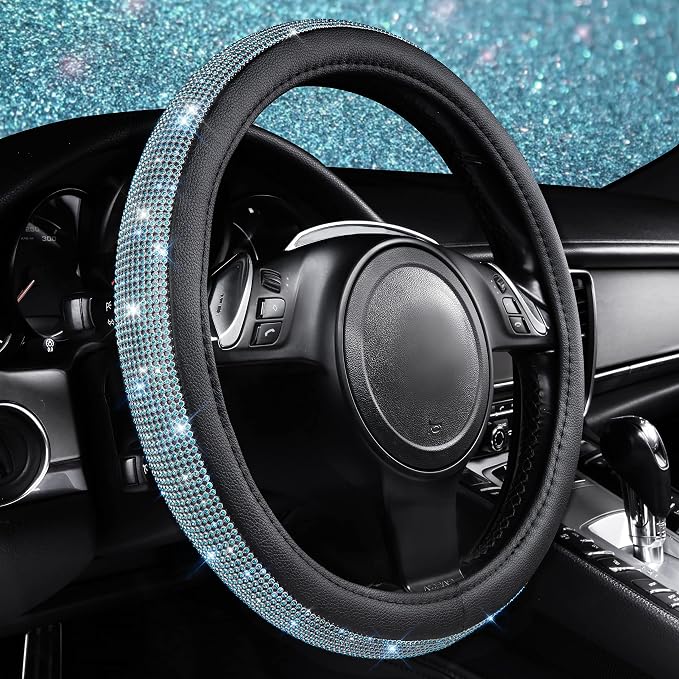 Mint Diamond Black Leather Steering Wheel Cover, Bling Blue Crystal Rhinestones Universal Fit 14"1/2-15" Crystal Glitter for Women Sparkle Girl Fit Suvs,Vans,Sedans,Cars,Trucks, Mint Diamond