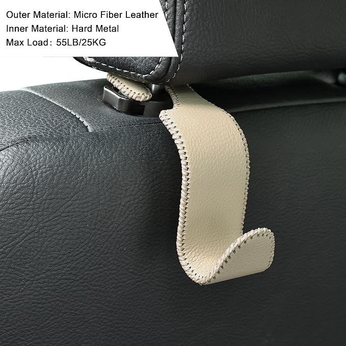 Car Seat Headrest Hook 4 Pack Metal Core Hanger Universal Car Storage Organizer for Handbag Purse Coat S Type Leather Beige
