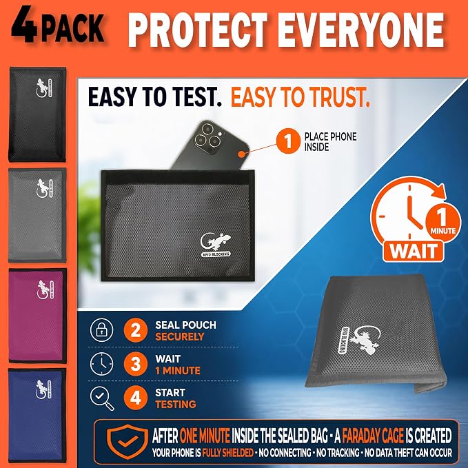 4 Faraday Bag Anti-Tracking GPS RFID Car Key Signal Blocker Wallet Shielding Pouch Protective Case for Cell Phone Car Key FOB, Data Privacy, Electronic Device Security (4 PACK - FAMILY PACK)