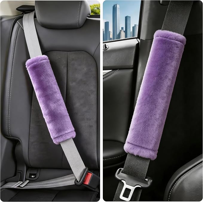 Soft Faux Fur Universal Fit Seatbelt Cover Car Truck SUV Airplane Seat Belt Shoulder Pad for Carmera Backpack Straps Neck Cushion Protector 2 Pack 10.5in Light Lavender