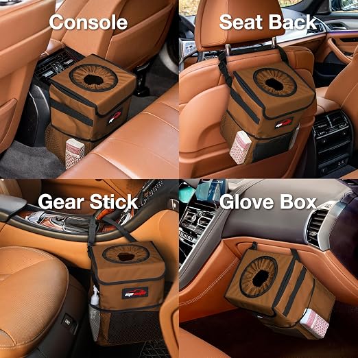 Waterproof Car Trash Can with Lid and Pockets, 2.5 Gal, Brown | Leakproof, Collapsible Multipurpose Car Bin with 3 Side Storage Pockets, Adjustable Straps