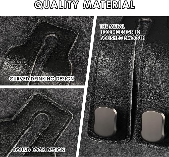 KINIVA Car Seat Headrest Storage Hooks, Set of 2, Suede PU Leather, Double Hooks (06-Black)