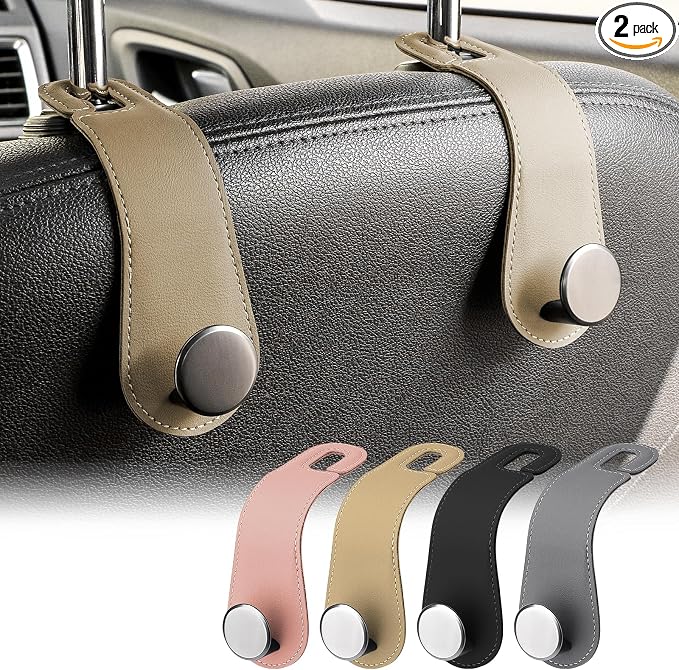 Car Headrest Hooks, 2 Pack Leather Car Seat Storage Hanger for Purses Bags, Stylish Car Seat Organizer Hooks for Handbag Coat Umbrellas, Car Inside Accessories, Apricot