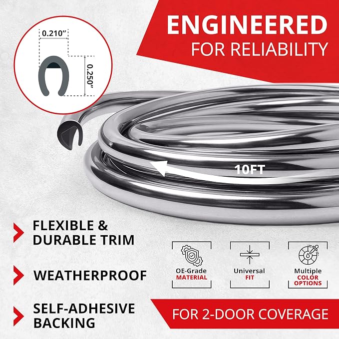 Car Door Edge Protector – Universal DIY Edge Trim to Prevent Scratches & Dings – Flexible Adhesive Molding Trim for Cars, Trucks & SUVs (10 Ft - Chrome)