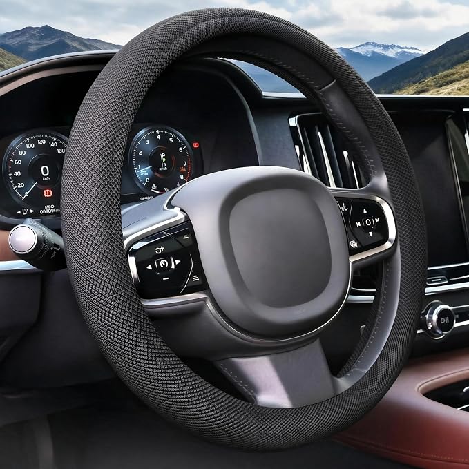 15 Inch Black Steering Wheel Cover for Cooling, Microfiber Ice Silk Non-Slip Breathable Cooling Steering Wheel Protector with Upgraded Silicone Inner Ring Warm in Winter Cool in Summer