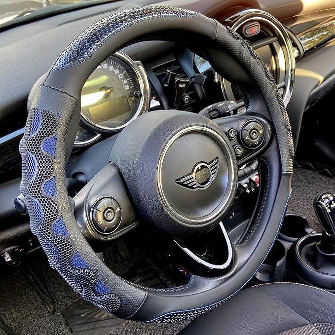 Steering Wheel Cover Great Grip with 3D Honeycomb Anti-Slip Design, Universal 14.5-15 Inch (Blue)