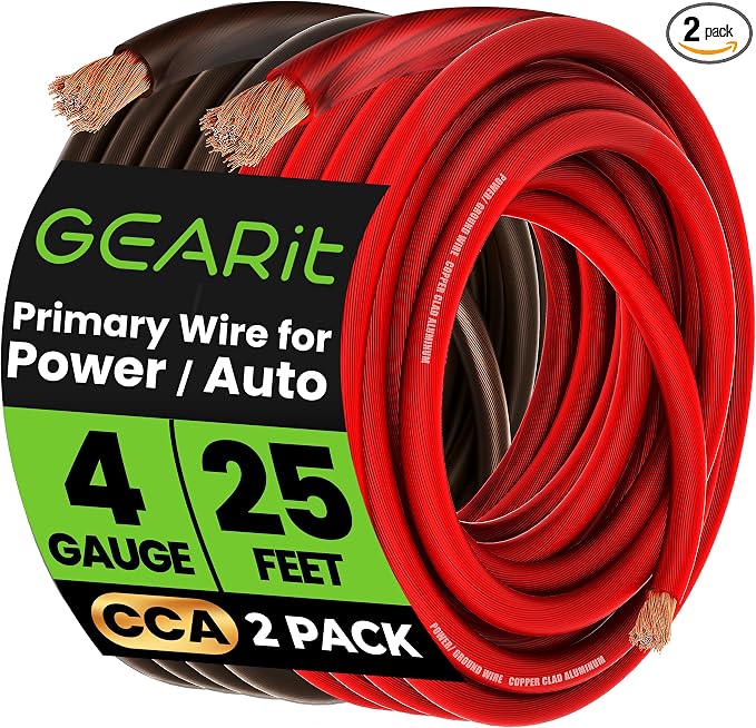 4 Gauge Wire, CCA Electrical Wire Extension Cord for Automotive Power/Ground, Battery Cable, Car Audio, RV, Amp Wiring Kit, (25 feet Each- Black/Red Translucent)