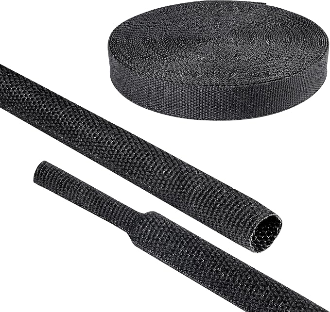 Black 2:1 Ratio Automotive Heat Shrink Braided Sleeving,Wear-Resistant Flat Woven Shrinkable Sleeve Fabric Car Cable Wires Hoses Protection (3/8"-66ft)
