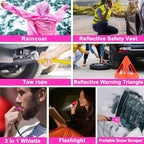 Pink Car Emergency Kit, Premium Roadside Emergency Car Accessories Kit with Jumper Cables, Flashlight, Shovel, Toolbox Set, etc Car Accessories for Women
