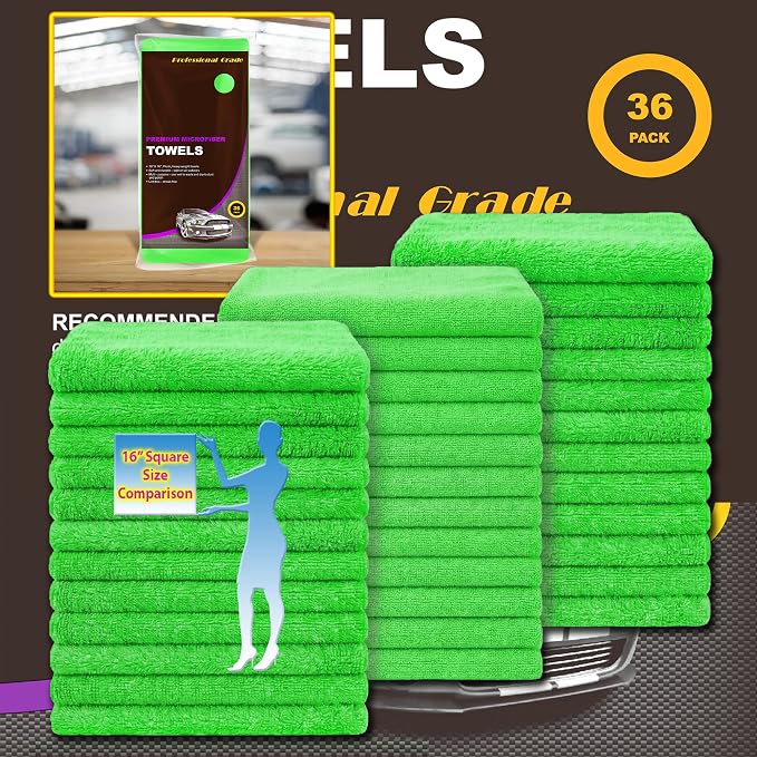Green Large Microfiber Cleaning Towels,36-Pack Dual-Sided Ultra Soft Plush Washcloth, Professional Grade Premium Microfiber Detailing Cleaning Cloths, Car, Household and Commercial (Green, 16" X 16")