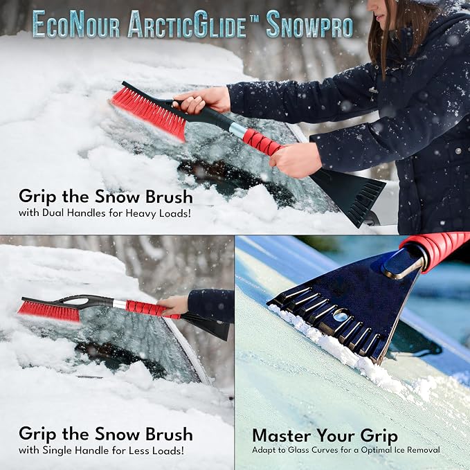 27" Aluminum Car Snow Scraper and Brush (Red) | Scratch-Free Weaved Bristle Head with Metal Body Ice Scraper for Car Windshield | Tough Ice Scraper with Ergonomic Foam Grip for Cars | 1 Pack