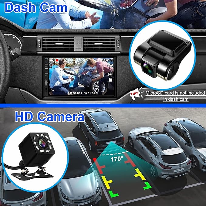 Double Din Car Stereo with Dash Cam | 7INCH Touchscreen Car Radio Receivers Support with Apple Carplay & Android Auto, Bluetooth, Backup Camera, Mirror Link, Voice Control, SWC, FM/USB/TF/AUX